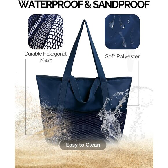 Women Navy Beach Bag Large Waterproof Sandproof Foldable Tote With Zipper Mesh - Picture 3 of 7